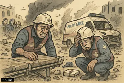 Two grieving rescue workers beside damaged ambulances in an airstrike-hit street, with debris, injured civilians, and smoke in the background.