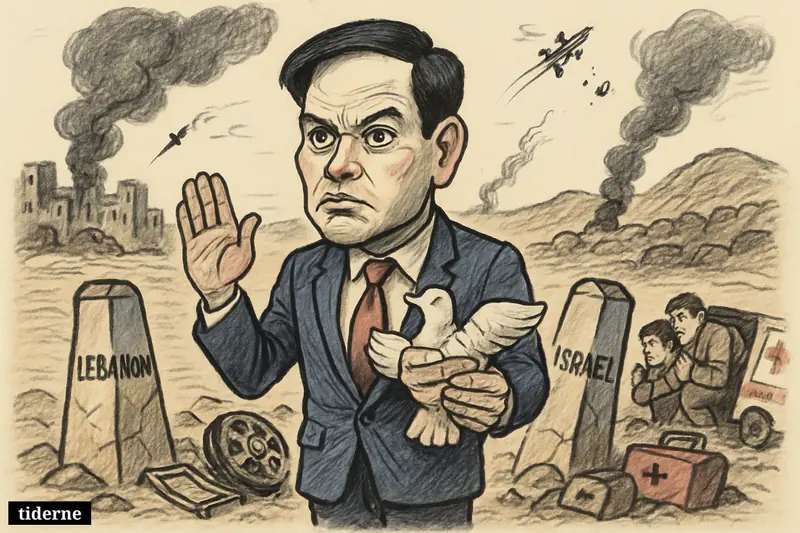 Marco Rubio stands tensely between damaged border posts, clutching a fragile ceasefire symbol as ambulance wreckage and distant cross-border strikes surround him.