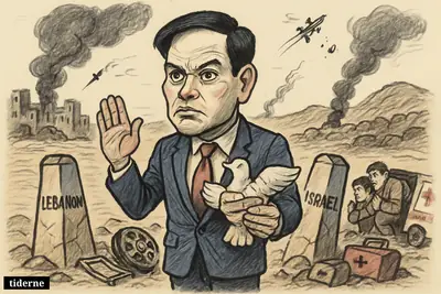 Marco Rubio stands tensely between damaged border posts, clutching a fragile ceasefire symbol as ambulance wreckage and distant cross-border strikes surround him.