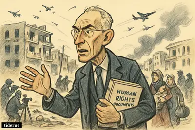 Volker Türk gestures urgently in front of fleeing civilians and damaged buildings in South Lebanon as jets and drones strike overhead.