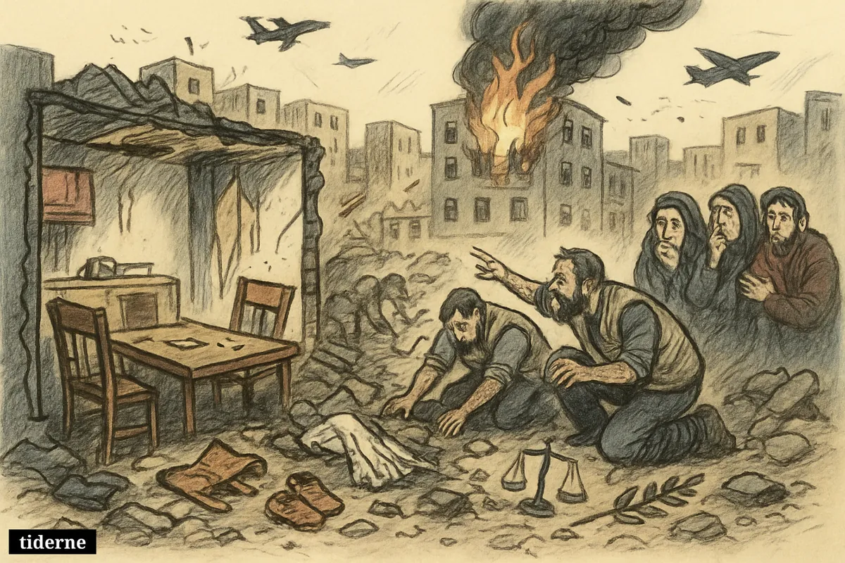 Aftermath of a Gaza apartment airstrike, with rubble, flames, medics searching debris, grieving civilians, and symbols of broken peace. (AI-genereret illustration)