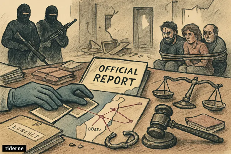 An investigation table with legal evidence, shadowy militants, and bound hostages in a damaged interior suggesting war crimes and captivity.