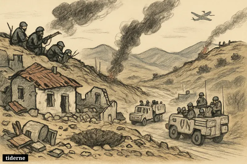 A caricature border war scene shows a bombed village, opposing armed positions, aircraft overhead, and UN peacekeepers caught between the sides.