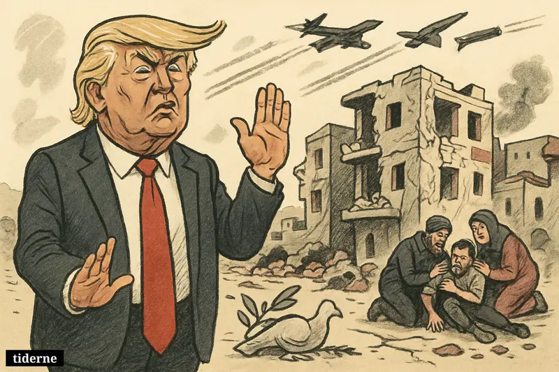 Donald Trump stands in front of a bombed South Lebanon street as civilians flee rubble and jets continue airstrikes overhead.
