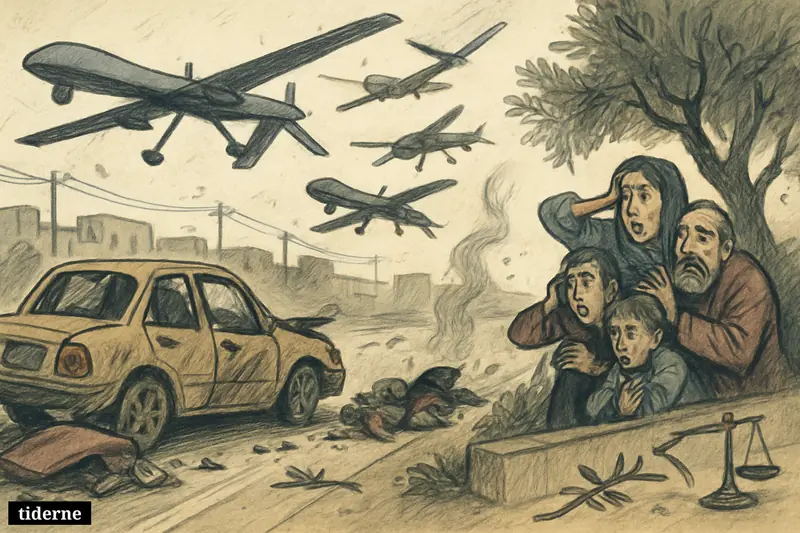 Damaged civilian cars on a South Lebanon road as drones circle overhead and civilians crouch for cover nearby.