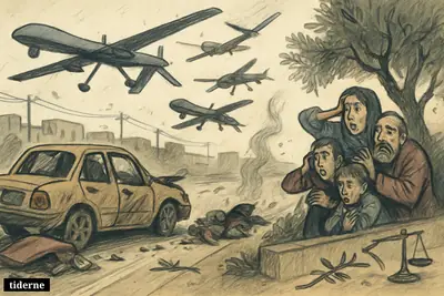 Damaged civilian cars on a South Lebanon road as drones circle overhead and civilians crouch for cover nearby.