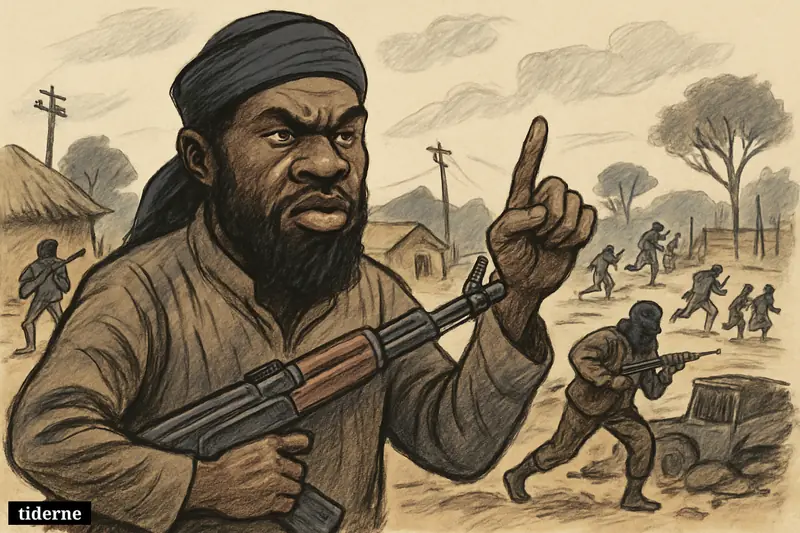 Caricature of Abubakar Shekau leading militants amid a devastated village, fleeing civilians, damaged military equipment, and signs of renewed insurgent violence in northeast Nigeria.