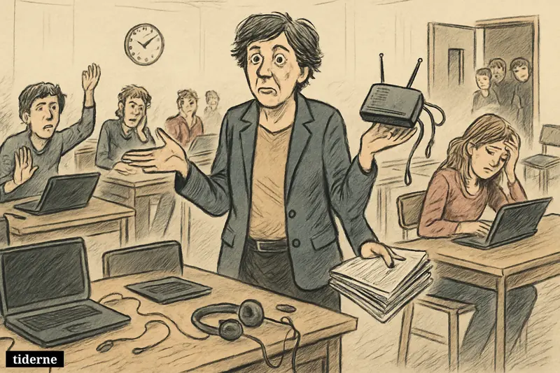 Confused students in a school exam hall stare at dead laptops while an invigilator shrugs beside failed network equipment.