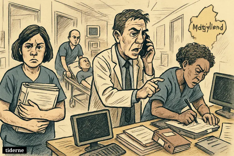 Hospital staff in a Midtjylland corridor use paper charts and phones as dark computer screens signal a major IT outage.