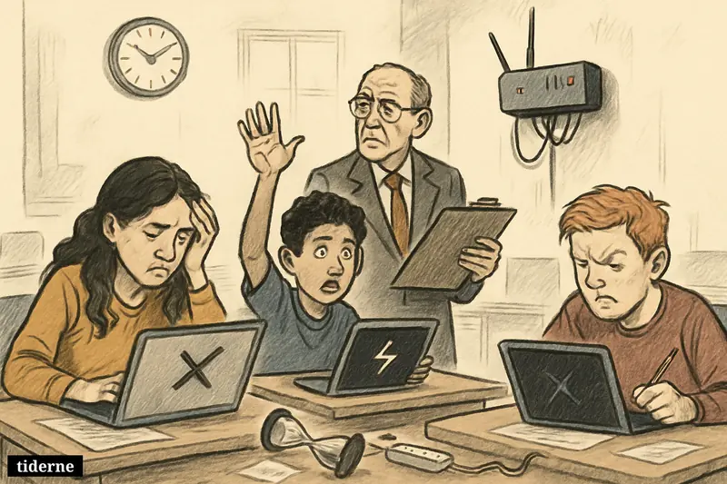 Anxious 9th-grade students in an exam room struggle with frozen laptops while an invigilator watches a failing digital setup.