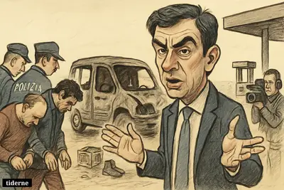Roberto Occhiuto stands by a burned minivan in Calabria as police escort two suspects away near a rural fuel station.