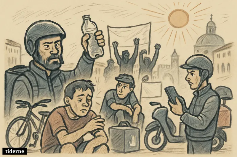 Delivery riders in an Italian square stop work during a heatwave, standing with bikes, scooters, app phones, and delivery bags in protest. (AI-genereret illustration)
