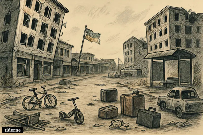 An empty war-damaged street in Izium with ruined buildings, abandoned belongings, an old checkpoint, and no people anywhere.