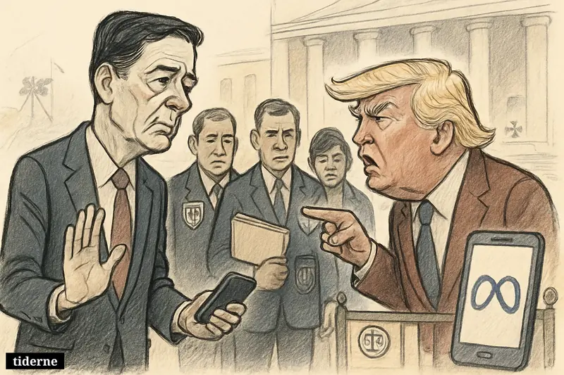 James Comey approaches a courthouse with a phone in hand as Donald Trump points at him, surrounded by agents and legal symbols.