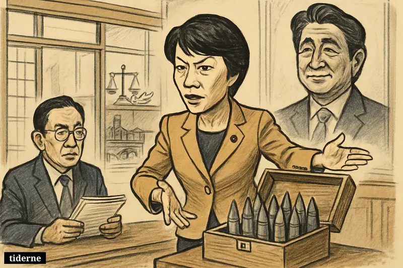 Sanae Takaichi opens a weapons crate in a government chamber, with Fumio Kishida nearby and Shinzo Abe looming symbolically behind.