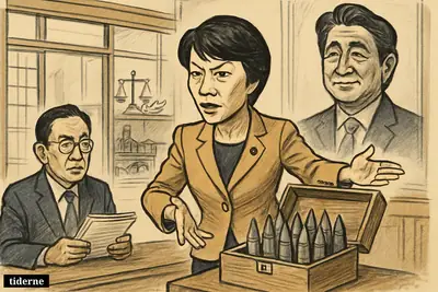 Sanae Takaichi opens a weapons crate in a government chamber, with Fumio Kishida nearby and Shinzo Abe looming symbolically behind.