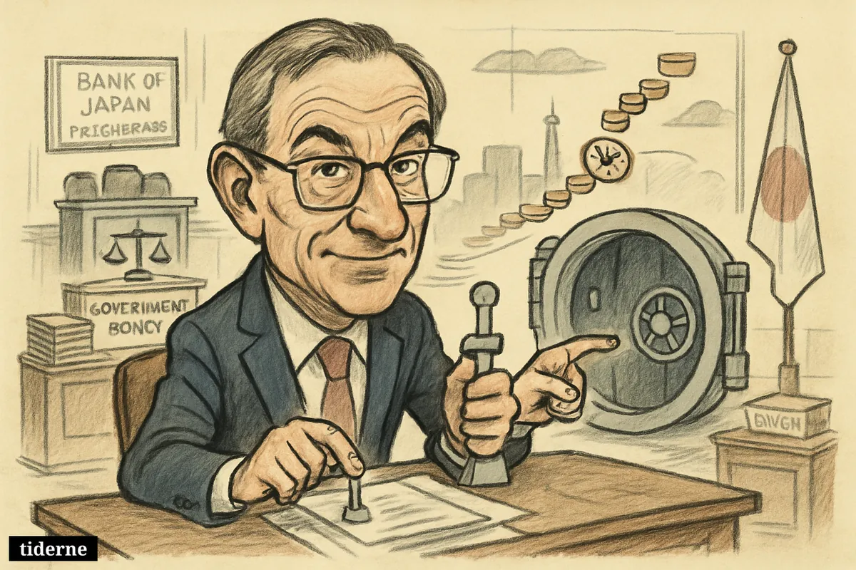 Caricature of economist Jesper Koll at a central bank desk, raising a rate lever amid yen coins, bond stacks, and Japanese economic symbols.