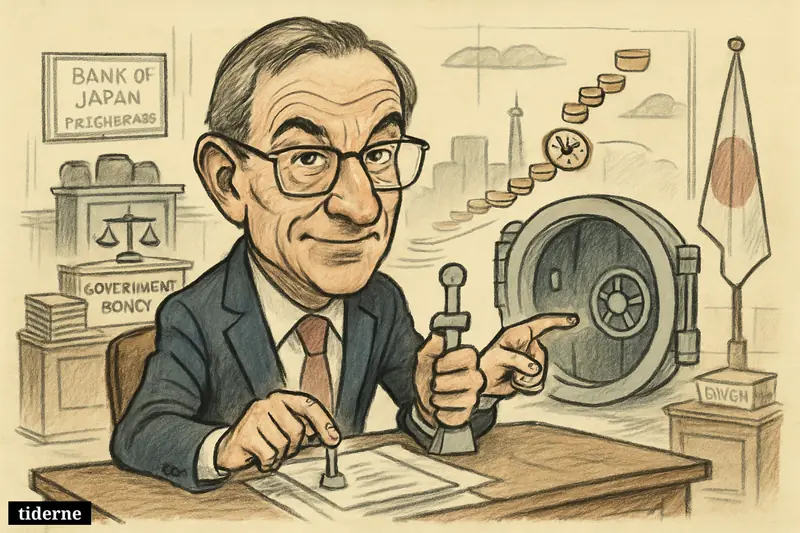 Caricature of economist Jesper Koll at a central bank desk, raising a rate lever amid yen coins, bond stacks, and Japanese economic symbols.