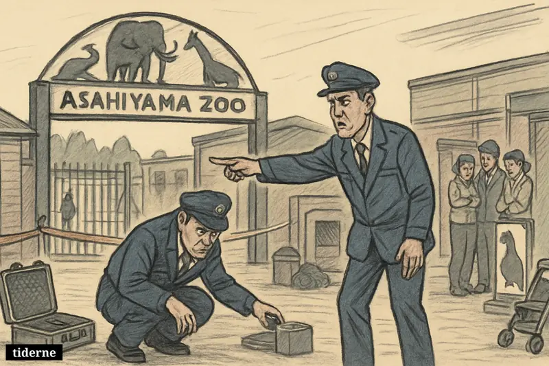 Police investigate outside Asahiyama Zoo as barriers block the entrance and worried staff stand near a service building.