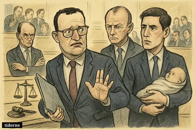 Jens Spahn appears cornered in parliament as Daniel Funke holds a baby and party figures watch amid symbols of legal scrutiny. (AI-genereret illustration)