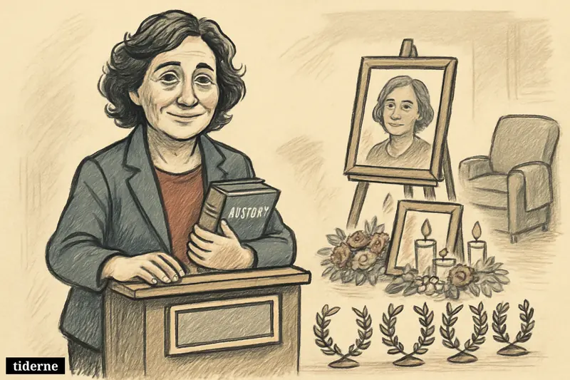 Caricature of Courtney Shah by a quiz podium with history books, memorial flowers, candles, and seven victory symbols in a quiet home setting. (AI-genereret illustration)