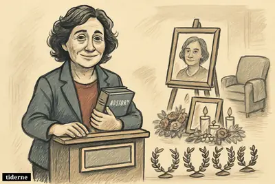Caricature of Courtney Shah by a quiz podium with history books, memorial flowers, candles, and seven victory symbols in a quiet home setting. (AI-genereret illustration)