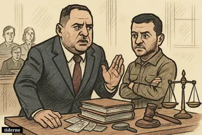 Caricature of Andrij Jermak in a Kyiv courtroom with Zelenskyj nearby, surrounded by legal props suggesting corruption and money-laundering charges.