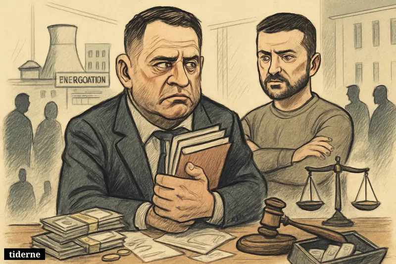 Caricatures of Andrij Jermak and Volodymyr Zelenskyj amid legal files, spilled cash, justice symbols, and Energoatom power plant imagery.