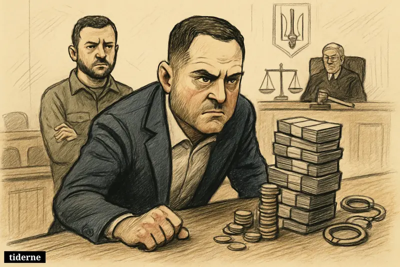 Caricature of Andrij Jermak in a Kyiv courtroom facing huge bail money, with Volodymyr Zelensky behind him and anti-corruption symbols nearby.