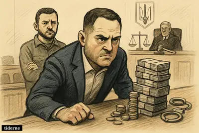 Caricature of Andrij Jermak in a Kyiv courtroom facing huge bail money, with Volodymyr Zelensky behind him and anti-corruption symbols nearby.