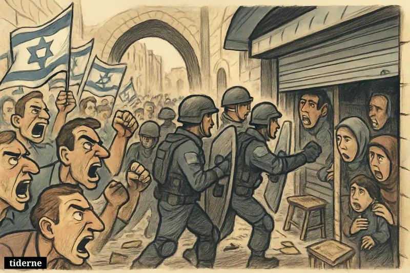 A crowded Old City street with nationalist marchers, fearful Palestinian civilians, and police clashing amid shuttered shops and tense chaos.