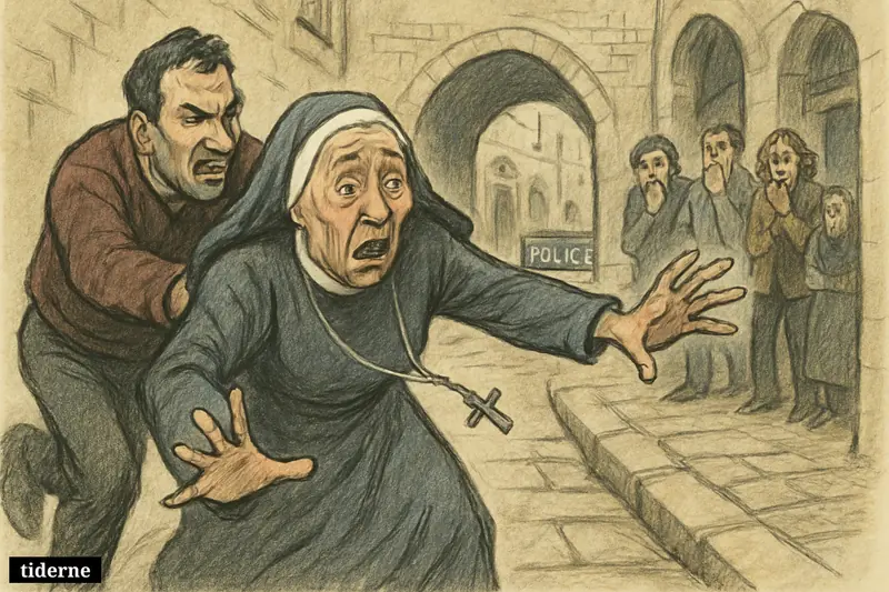 A caricature of a nun being shoved in a narrow Jerusalem old city alley as shocked bystanders react nearby.