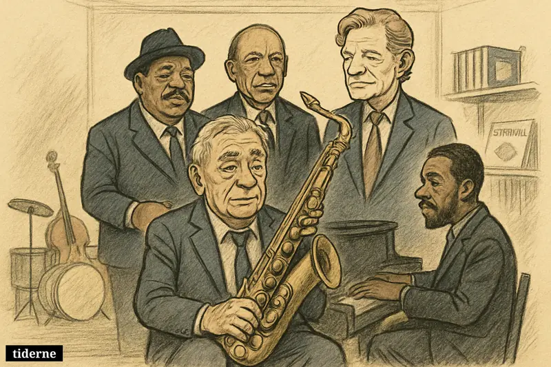 Jesper Thilo sits with saxophone on a quiet jazz stage, surrounded by fellow jazz legends and instruments in a memorial club setting.