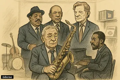 Jesper Thilo sits with saxophone on a quiet jazz stage, surrounded by fellow jazz legends and instruments in a memorial club setting.