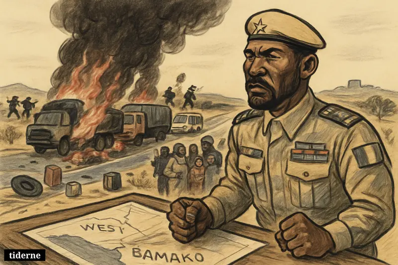 Assimi Goïta in military uniform watches burning fuel trucks and stranded vehicles on a highway near Bamako as smoke rises behind him.