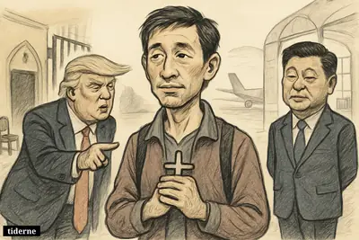 Caricatures of Jin Mingri between Trump and Xi, with an open prison gate, church hints, and an airport walkway leading toward the United States.