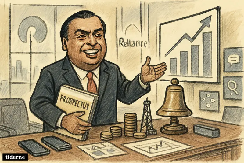 Caricature of Mukesh Ambani leading a boardroom IPO scene with stock market bell, telecom props, charts, and Jio corporate symbolism.