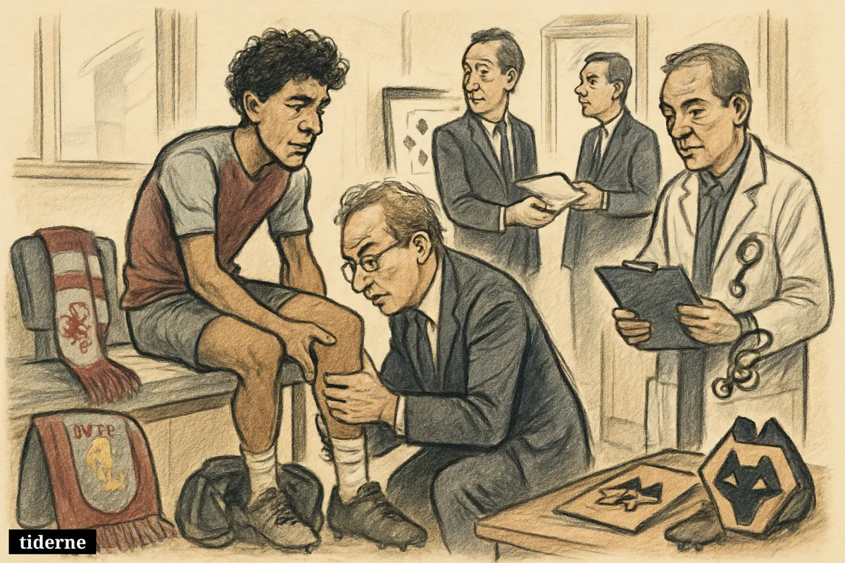 A caricature footballer undergoes a medical as club staff exchange transfer documents, with Aston Villa and Wolves symbols around the room. (AI-genereret illustration)