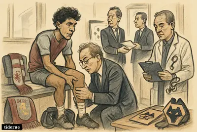 A caricature footballer undergoes a medical as club staff exchange transfer documents, with Aston Villa and Wolves symbols around the room. (AI-genereret illustration)