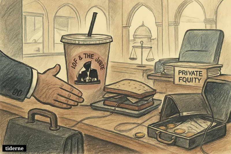 A caricature juice bar scene with investor symbols, royal cues, and corporate props suggesting Gulf money flowing into Joe & The Juice.
