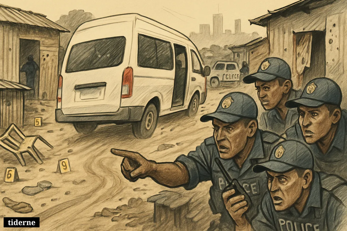 Police pursue a fleeing white minibus through a Johannesburg informal settlement after a coordinated shooting, with shacks, debris, and officers searching the lane.
