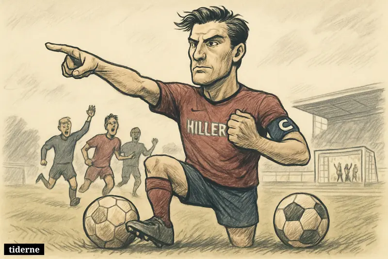 Caricature of Jonathan Witt captaining Hillerød on the pitch, poised between lower-league roots and a possible rise to the Superliga.