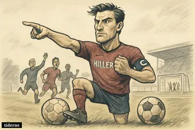Caricature of Jonathan Witt captaining Hillerød on the pitch, poised between lower-league roots and a possible rise to the Superliga.