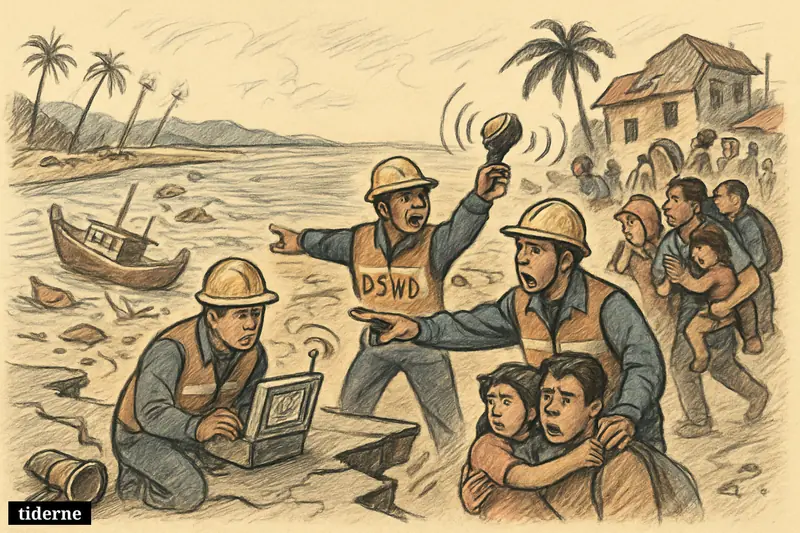 Emergency workers evacuate families along a damaged Philippine coast as earthquake cracks spread and the sea withdraws before a tsunami threat.