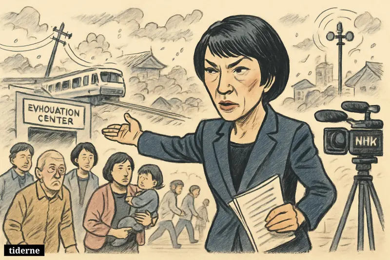 Caricature of Japan’s prime minister directing evacuees as families flee earthquake damage, halted trains, power outages, and broadcast crews in Kyushu. (AI-genereret illustration)