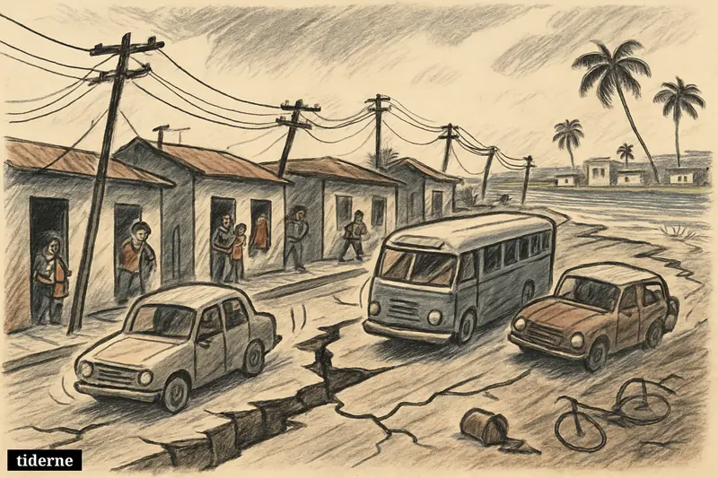 An earthquake shakes a Cuban coastal street as residents brace themselves, power lines fall, vehicles jolt, and the sea remains calm offshore.