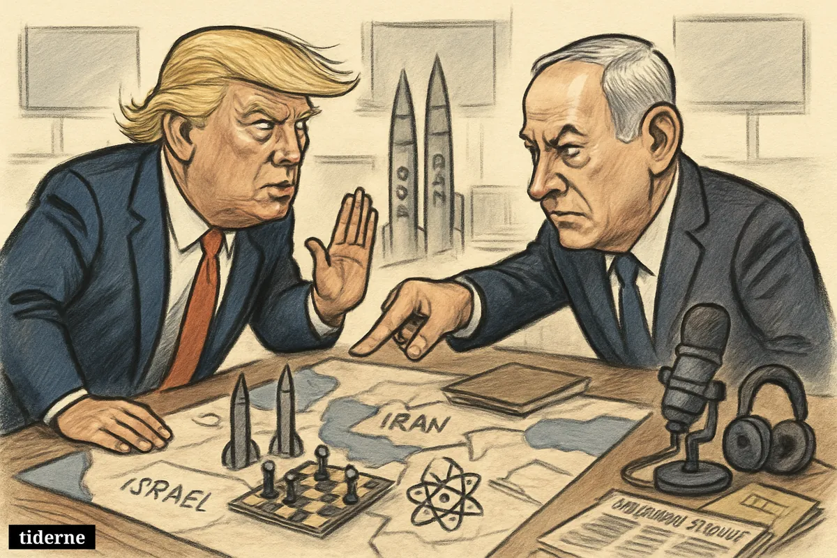 Trump and Netanyahu face off over a Middle East war map, with missiles, chess pieces, and podcast gear suggesting the Israel-Iran conflict.