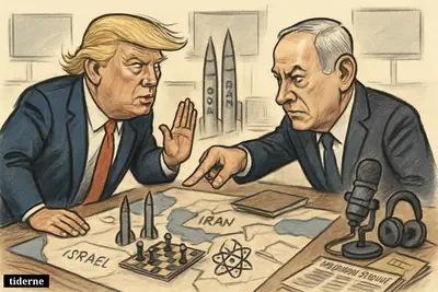 Trump and Netanyahu face off over a Middle East war map, with missiles, chess pieces, and podcast gear suggesting the Israel-Iran conflict.