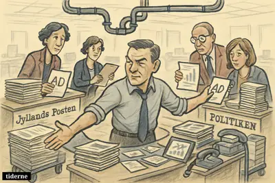 A caricature newsroom scene shows three newspaper operations merging into one central sales hub with staff combining ads, papers, and sales materials.