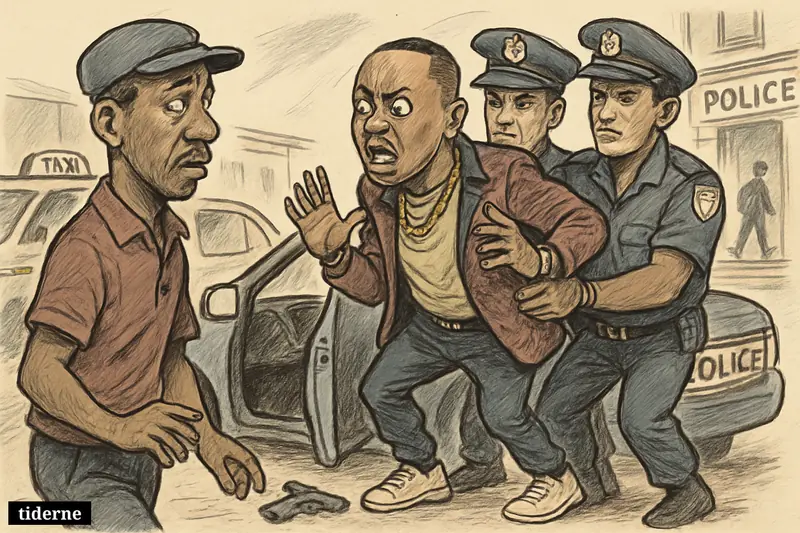 Caricature of Jub Jub being arrested beside a car, with a frightened taxi driver, police officers, and urban roadside legal-crime elements.